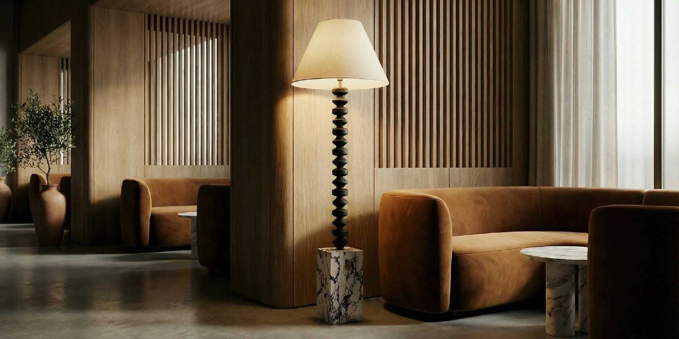 An ambient room, with precision lighting and a Francis floor lamp, by Nolita Harbour, to diffuse said illumination into a quiet glow.