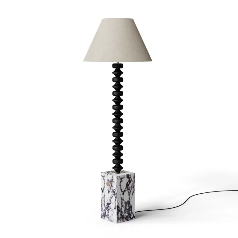 Francis Floor Lamp, a sculptural floor lamp by Nolita Harbour in Viola marble, black wood, and fabric shade, with a calm glow.