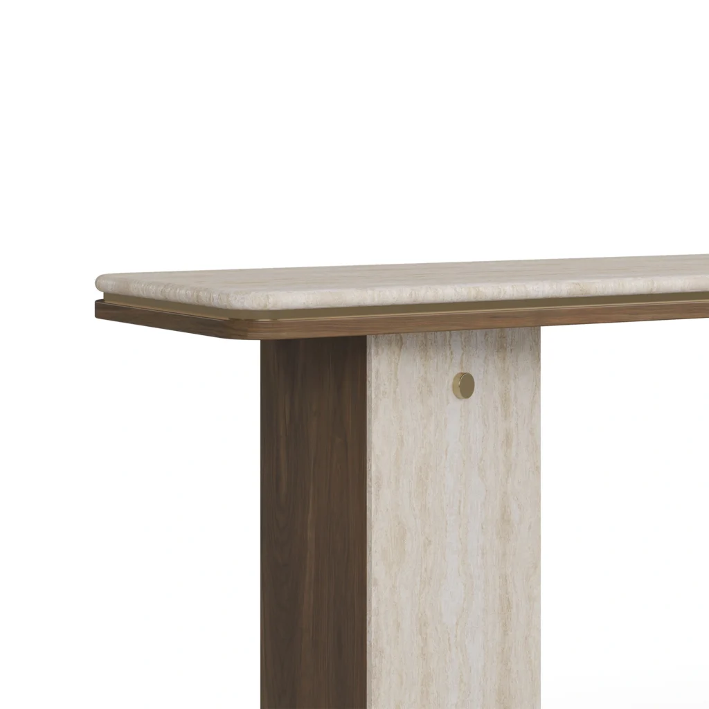 Isa Console by Nolita Harbour, a walnut console with a stone top and brass detail, showcasing a structural luxury furniture.
