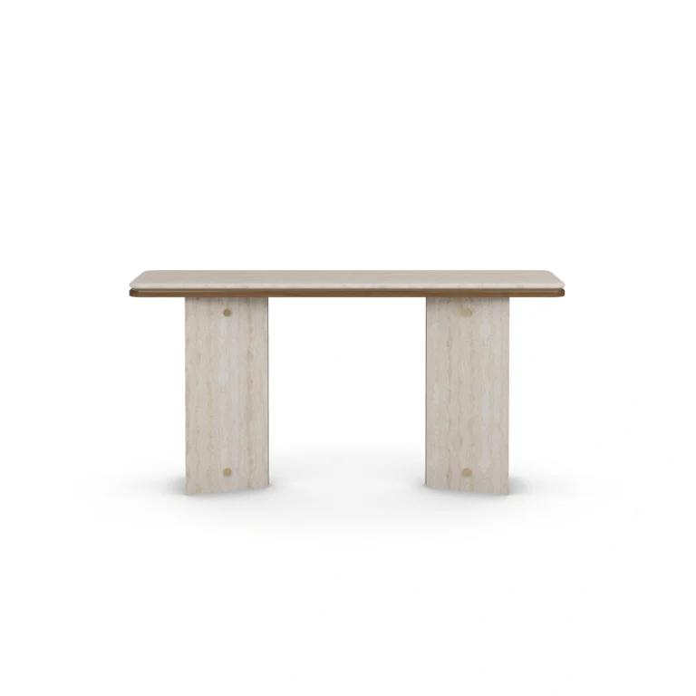 Isa Console by Nolita Harbour, a console table in walnut, stone, and brass inlay, set as a minimalist luxury furniture.