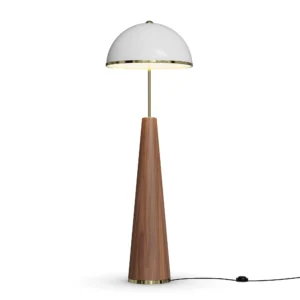 James Floor Lamp, an elegant floor lamp by Nolita Harbour in walnut wood with a white dome shade and soft ambient glow.