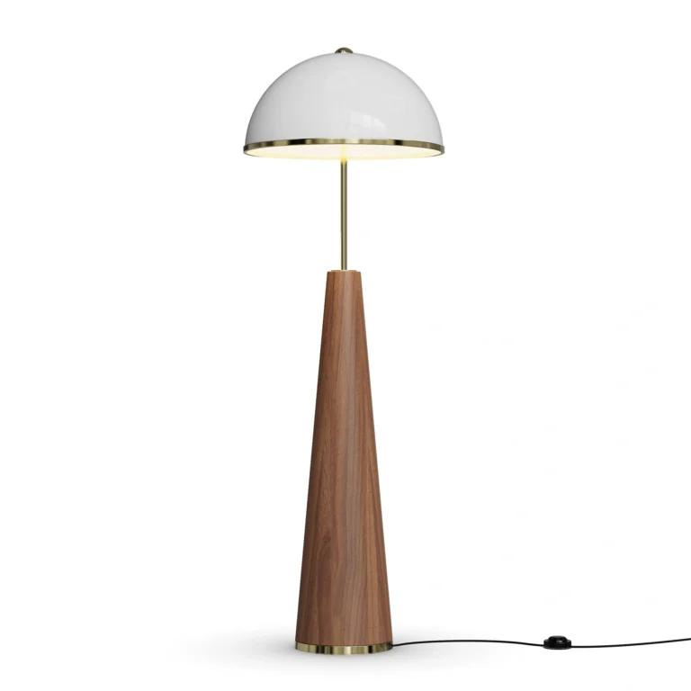 James Floor Lamp, an elegant floor lamp by Nolita Harbour in walnut wood with a white dome shade and soft ambient glow.