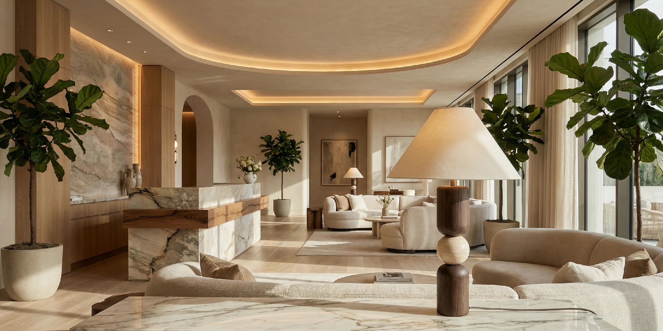 A hotel lobby with various pieces of furniture by Nolita Harbour decorating it, including the Luuk table lamp in the foreground.
