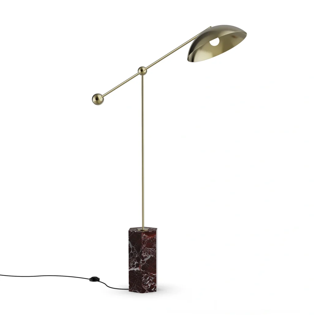 Marc Floor Lamp, a sculptural floor lamp by Nolita Harbour in Porto Rosso marble and polished metal, with adjustable dome shade.