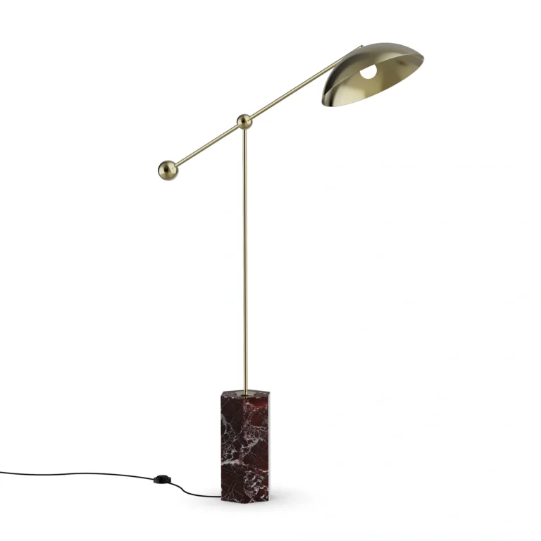 Marc Floor Lamp, a sculptural floor lamp by Nolita Harbour in Porto Rosso marble and polished metal, with adjustable dome shade.