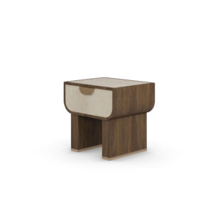 Rae nightstand with a thick drawer, travertine top, walnut frame, and hammered brass handle.