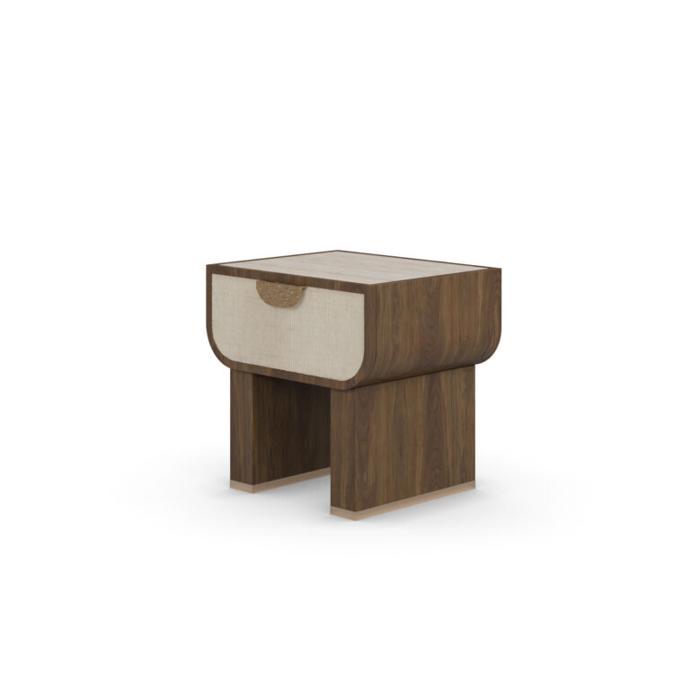 Rae nightstand with a thick drawer, travertine top, walnut frame, and hammered brass handle.