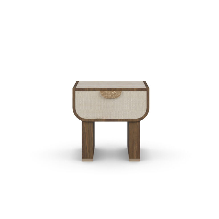 Rae nightstand with a thick drawer, travertine top, walnut frame, and hammered brass handle.