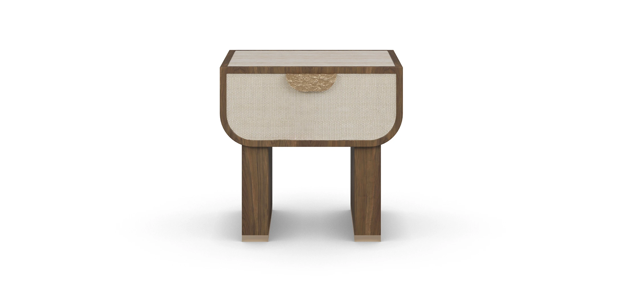 Rae nightstand with a thick drawer, travertine top, walnut frame, and hammered brass handle.