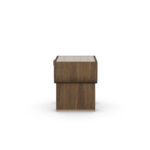 Rae nightstand with a thick drawer, travertine top, walnut frame, and hammered brass handle.