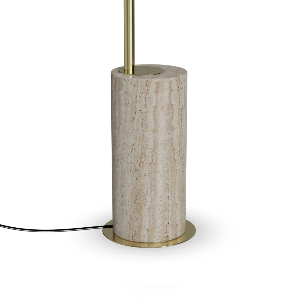 Nils Floor Lamp, an elegant floor lamp by Nolita Harbour in travertine and metal, featuring a curved minimalist silhouette.