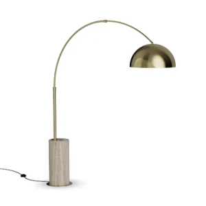 Nils Floor Lamp, a sculptural floor lamp by Nolita Harbour in travertine and brass, with arched frame and a dome shade.