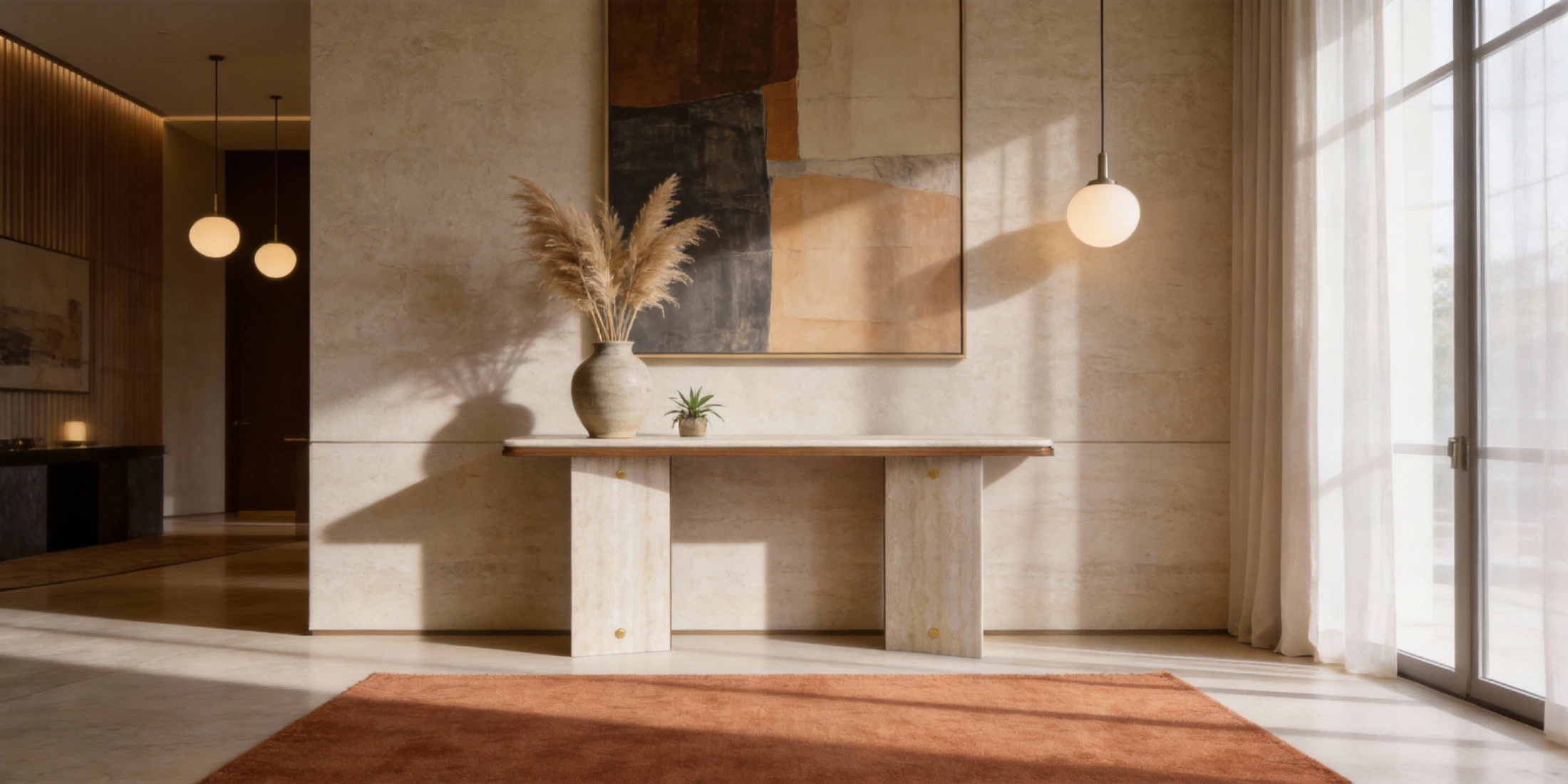 A Isa console, By Nolita Harbour, illuminated by the natural light from a window, showcasing its disciplined presence.