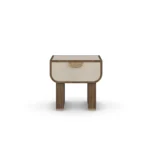 Rae Night Stand is a modern nightstand, by Nolita Harbour, in walnut and travertine with brass accents.