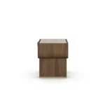 Rae Night Stand designer bedside table by Nolita Harbour in walnut wood, travertine, and brass.