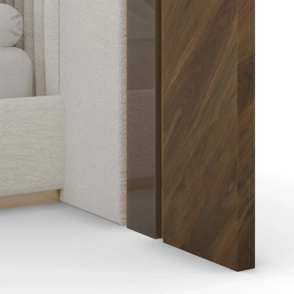 Sampson Bed modern statement bed by Nolita Harbour combining soft velvet upholstery, solid walnut structure, and subtle brass accents, designed for refined and tactile luxury bedrooms.