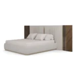 Sampson Bed luxury upholstered bed by Nolita Harbour featuring velvet panels, walnut frame, and refined brass details, a statement piece with balanced proportions for modern interiors.