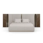 Sampson Bed designer bed by Nolita Harbour with paneled headboard, crafted in velvet upholstery, walnut wood, and brass accents, blending plush comfort with structured architectural detail.