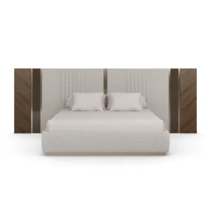 Sampson Bed designer bed by Nolita Harbour with paneled headboard, crafted in velvet upholstery, walnut wood, and brass accents, blending plush comfort with structured architectural detail.