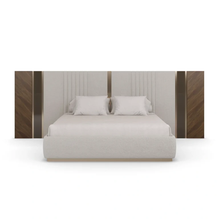 Sampson Bed designer bed by Nolita Harbour with paneled headboard, crafted in velvet upholstery, walnut wood, and brass accents, blending plush comfort with structured architectural detail.