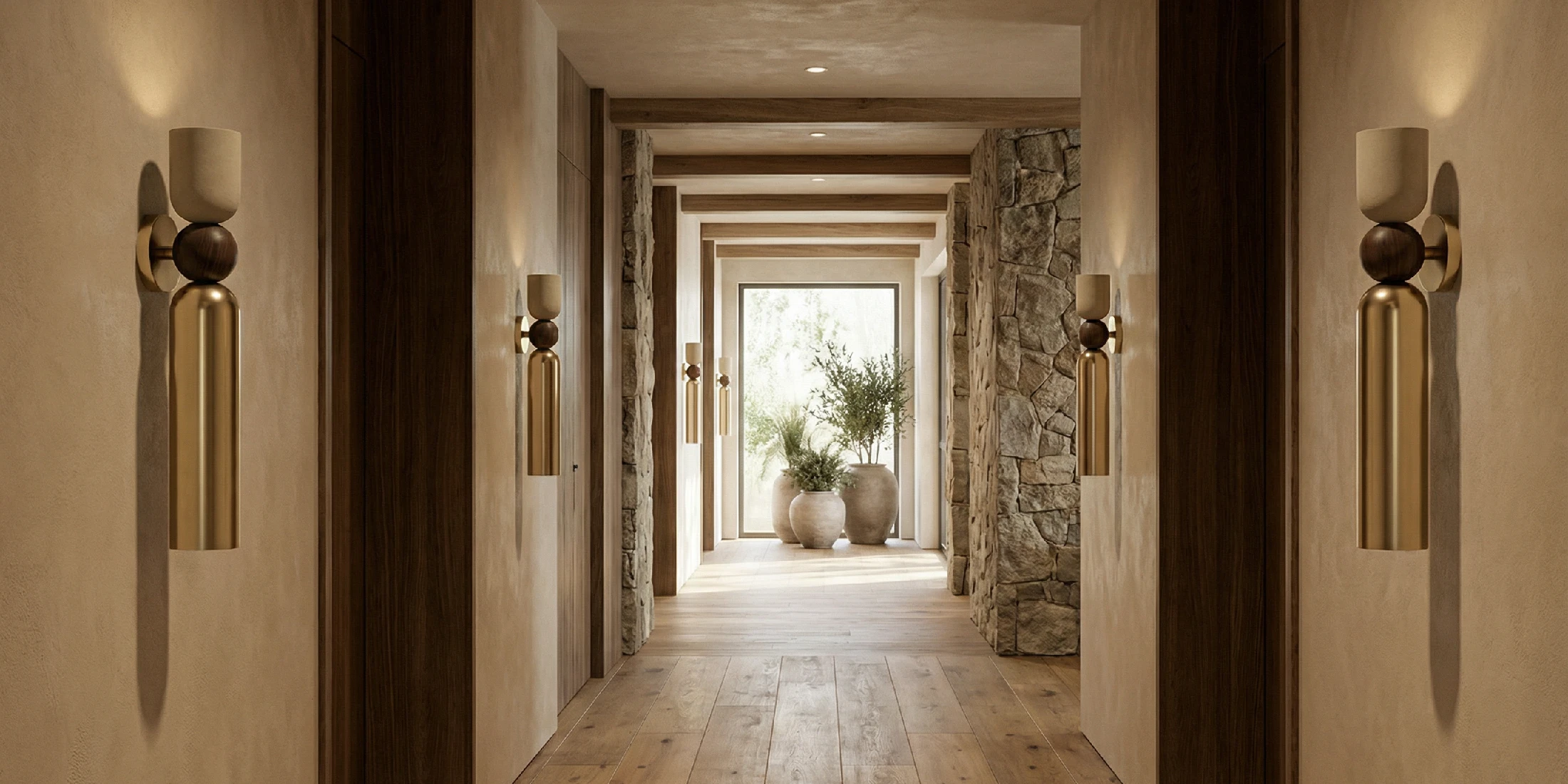A long hallway, with its quiet line of light being provided by the brass and walnut Tubi wall lamp, by Nolita Harbour.