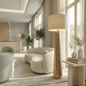 Hotel lobby with a Yves floor lamp, by Nolita Harbour, composed as a vertical accent for considered interiors.