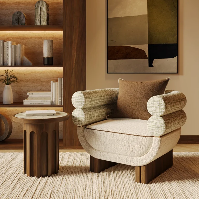 Luxury Nolita Harbour living space with Amélie bouclé armchair, sculptural walnut side table, warm wood shelving, and refined contemporary interior design.