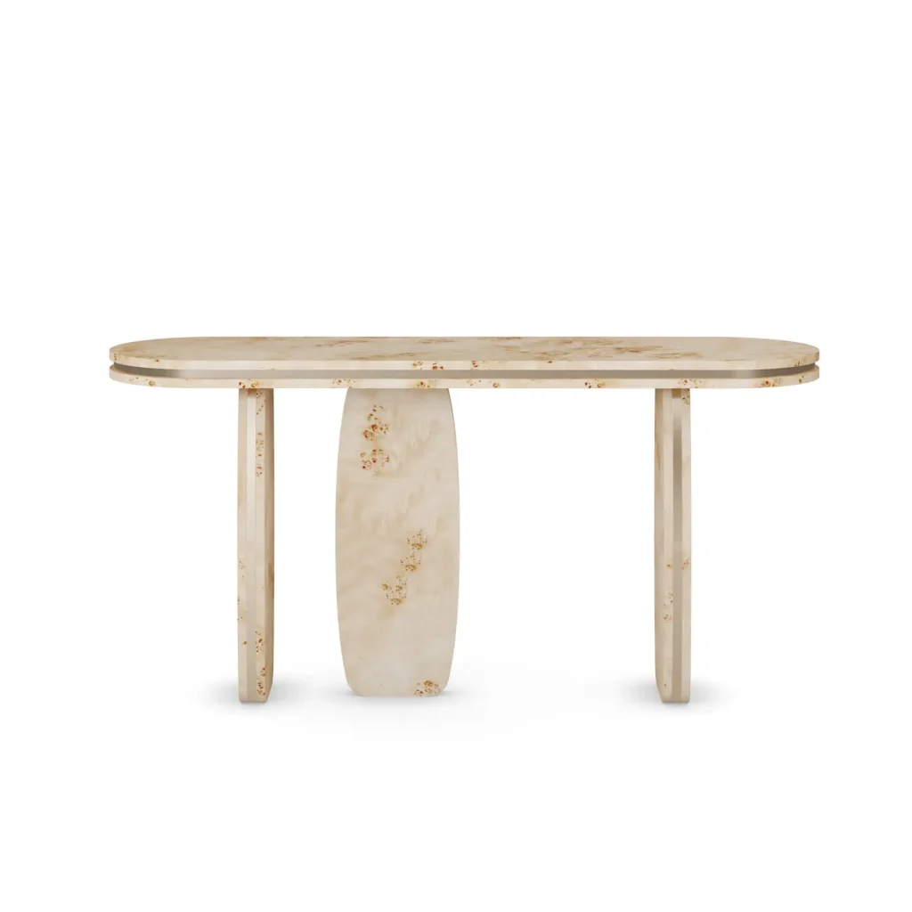 Assia Console by Nolita Harbour, a console table in poplar root veneer and brass, as luxury furniture for refined entryways.