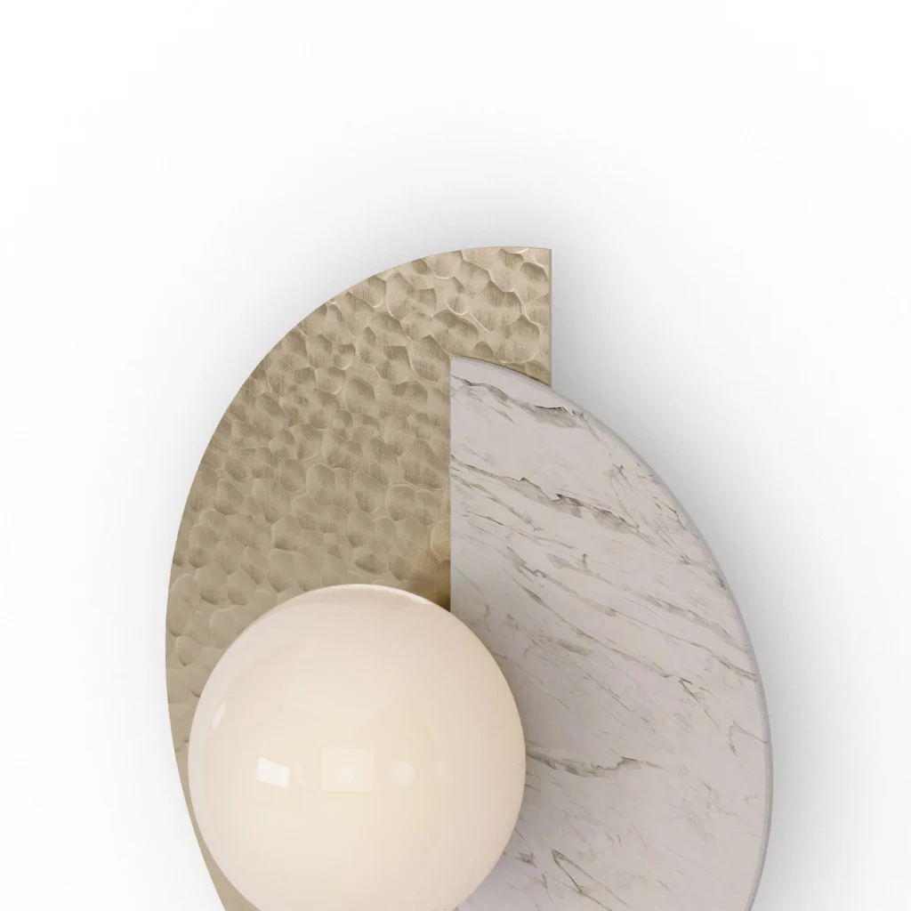 Detailed view of Noemi Wall Lamp wall lighting by Nolita Harbour crafted in Estremoz marble with brushed metal detailing and opal glass globe, minimalist luxury piece for corridors and lounge spaces.
