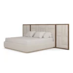Hudson Bed modern bed by Nolita Harbour featuring a geometric headboard in rich walnut and fabric upholstery, handcrafted design with clean lines and balanced proportions.