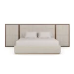Hudson Bed designer bed by Nolita Harbour with geometric headboard, crafted in walnut wood and upholstered fabric panels, blending structured lines with soft textures for contemporary bedrooms.