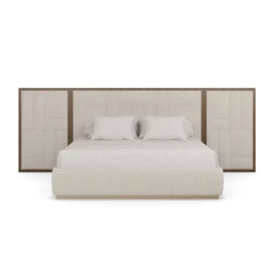 Hudson Bed designer bed by Nolita Harbour with geometric headboard, crafted in walnut wood and upholstered fabric panels, blending structured lines with soft textures for contemporary bedrooms.