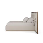 Hudson Bed luxury bed by Nolita Harbour in walnut and soft fabric, showcasing a geometric headboard and refined craftsmanship, ideal for calm, contemporary interior settings.