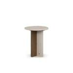 Isa Side Table, an elegant side table by Nolita Harbour in travertine and walnut, with a round sculptural form.