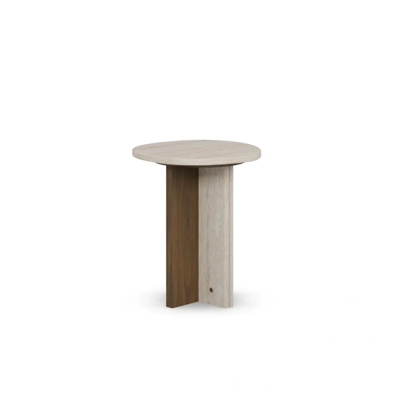 Isa Side Table, an elegant side table by Nolita Harbour in travertine and walnut, with a round sculptural form.