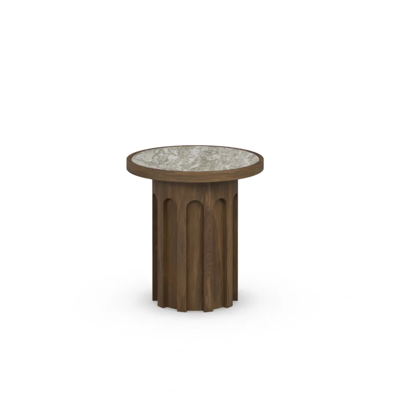 Selene Side Table, an elegant side table by Nolita Harbour in Persian green marble and walnut, with a fluted base.