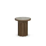 Selene Side Table, a sculptural side table by Nolita Harbour in marble and wood, with a fluted cylindrical form.