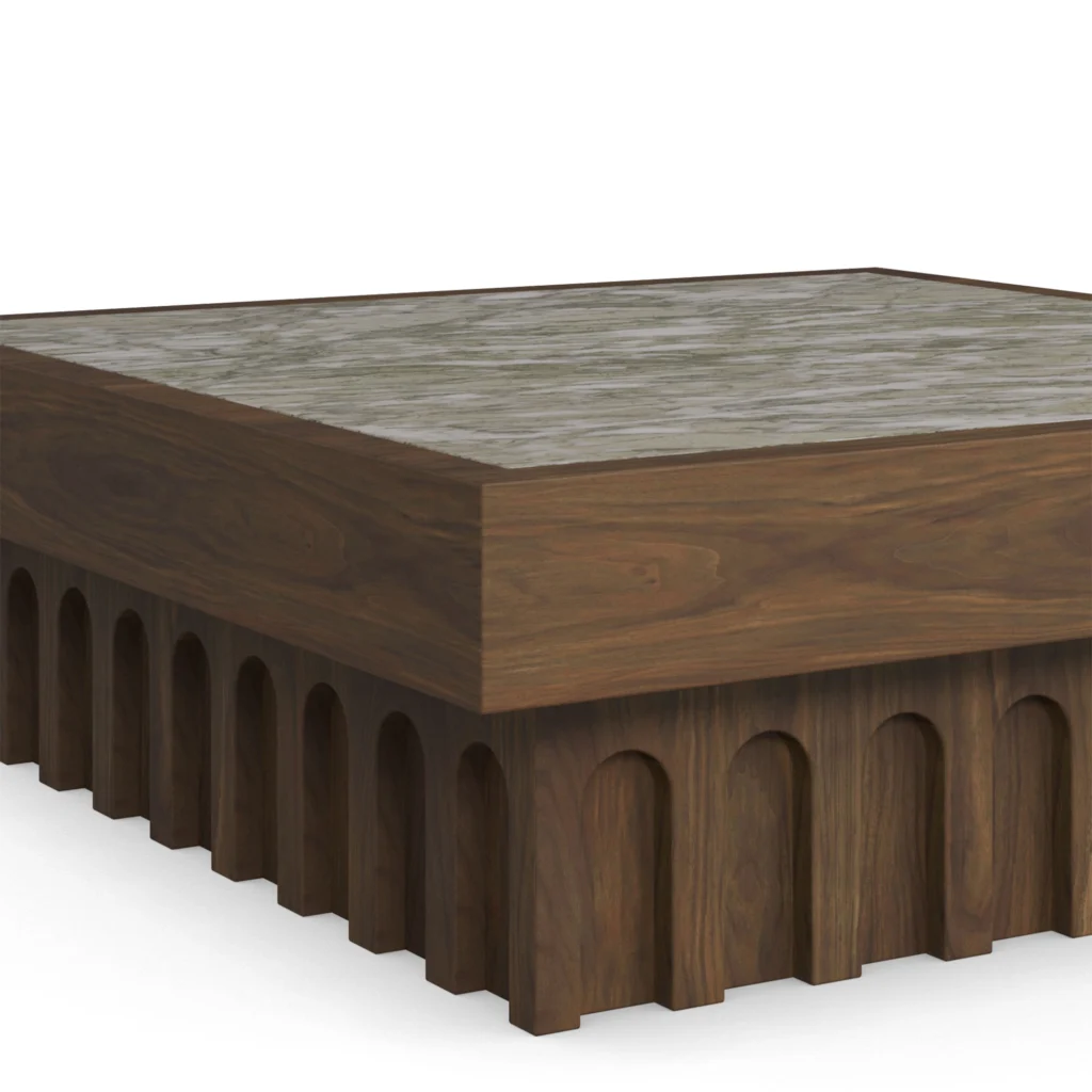Léna Coffee Table by Nolita Harbour, designer coffee table in Persian Green marble and walnut.