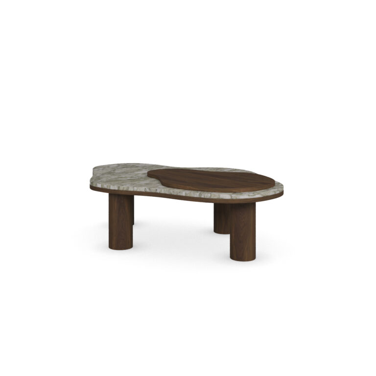 Deolin Coffee Table with organically shaped Persian green marble top, round walnut inlay, and cylindrical walnut legs. 45 inverse degree view