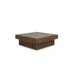 45 view of the Léna coffee table with a carved walnut base and Persian green marble top framed in walnut.