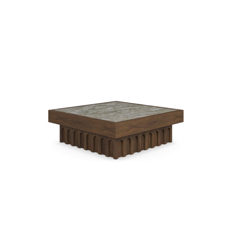 45 view of the Léna coffee table with a carved walnut base and Persian green marble top framed in walnut.