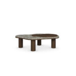 Deolin Coffee Table with organically shaped Persian green marble top, round walnut inlay, and cylindrical walnut legs. front 2 view