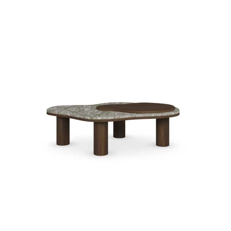 Deolin Coffee Table with organically shaped Persian green marble top, round walnut inlay, and cylindrical walnut legs. front 2 view