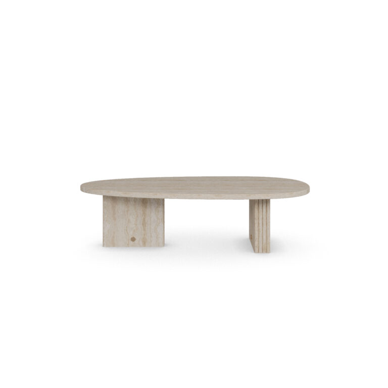Oval travertine coffee table with two vertical slab legs and subtle brass accents, Landi by Nolita Harbour. Side view