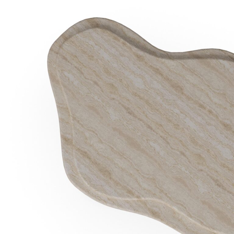 Curved two-level travertine coffee table with poplar root cylindrical legs, Maelis by Nolita Harbour.