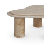 Curved two-level travertine coffee table with poplar root cylindrical legs, Maelis by Nolita Harbour.