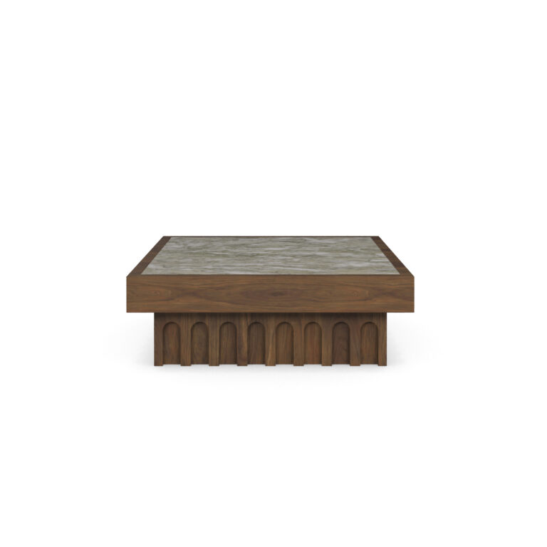 Front view of the Léna coffee table with a carved walnut base and Persian green marble top framed in walnut
