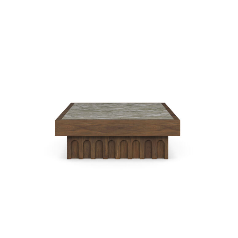Front view of the Léna coffee table with a carved walnut base and Persian green marble top framed in walnut