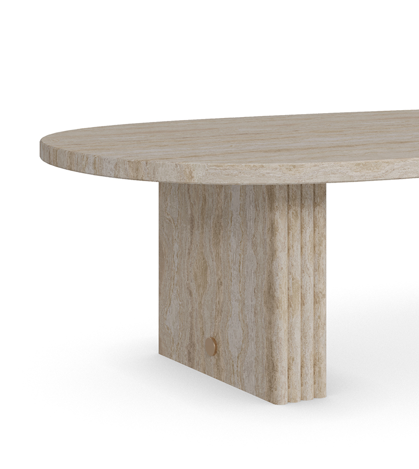 Minimalist yet undeniably bold, the Landi Coffee Table by Nolita Harbour is sculpted entirely from premium travertine, offering a calming palette of soft earthy tones and natural veining. Its generous oval top rests on two vertical slab legs, delivering clean architectural lines with organic charm. Discreet polished brass inserts add a refined accent, subtly elevating the overall design with a touch of warm luminosity. Landi is a timeless coffee table that seamlessly bridges modern elegance with raw material beauty — a stunning centerpiece for contemporary and naturalistic interiors alike.