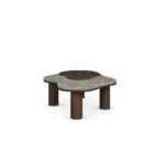Deolin Coffee Table with organically shaped Persian green marble top, round walnut inlay, and cylindrical walnut legs. side view